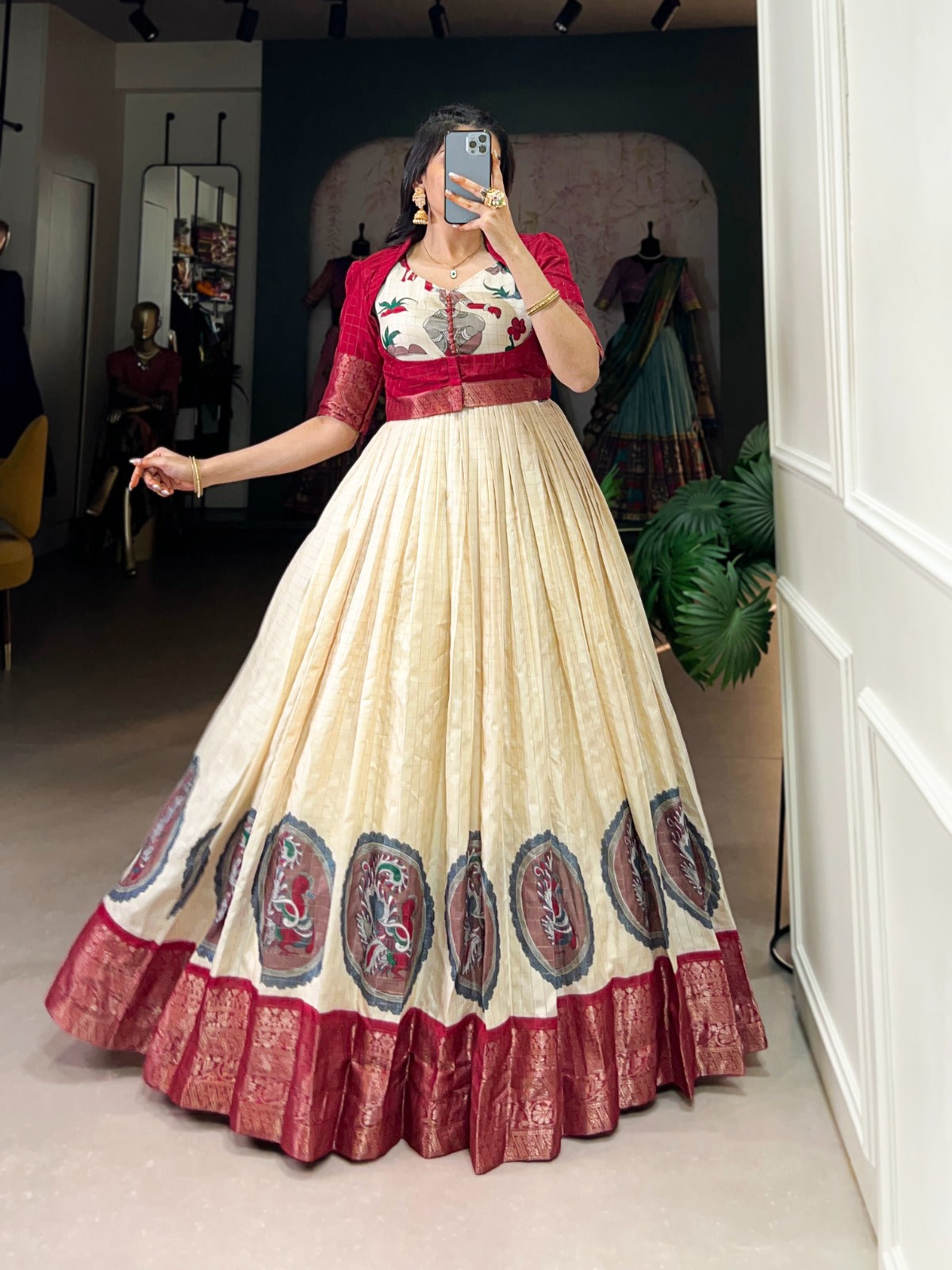 Red Dola Silk With Kalamkari Print Gown With Koti