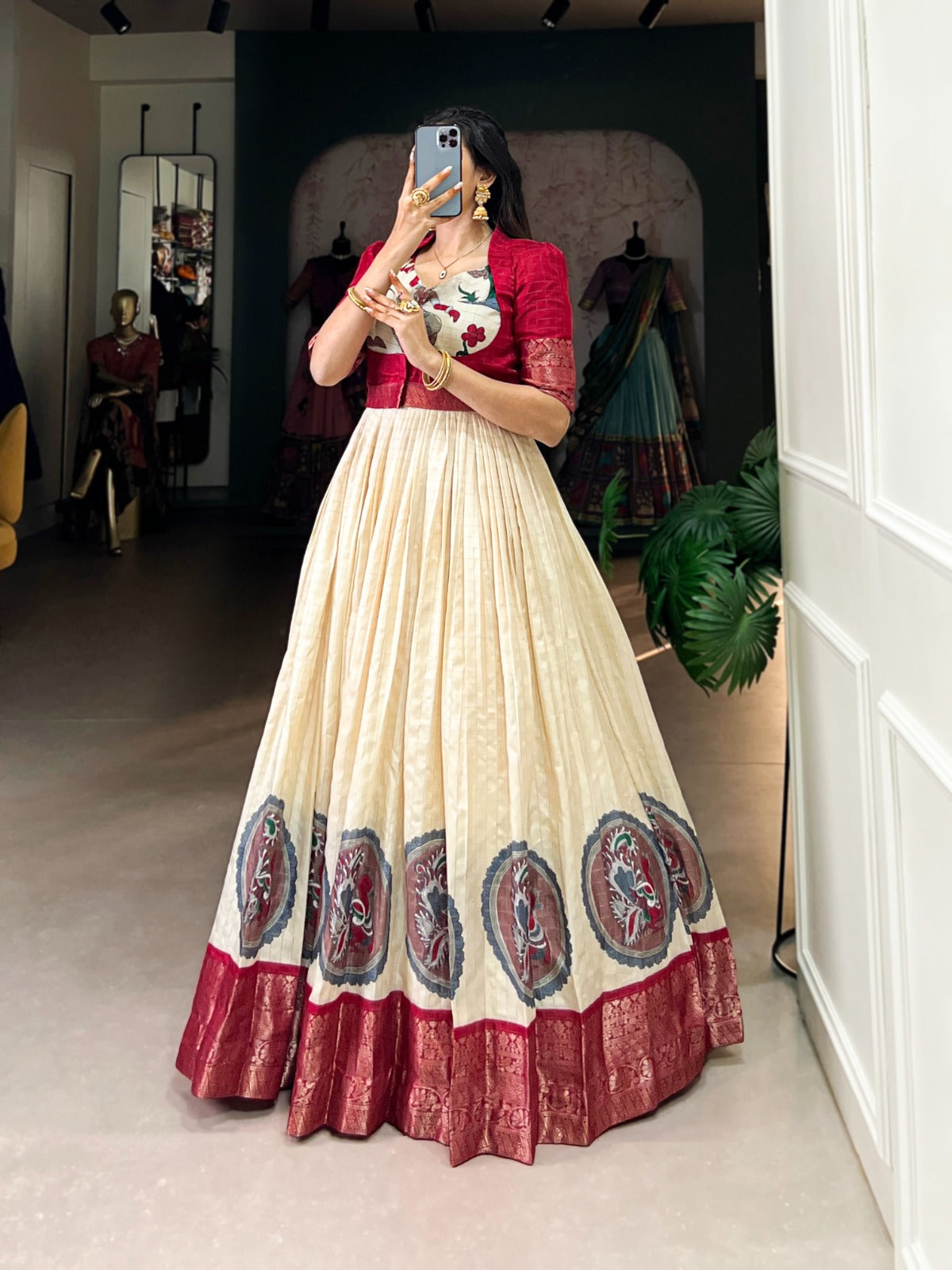 Red Dola Silk With Kalamkari Print Gown With Koti