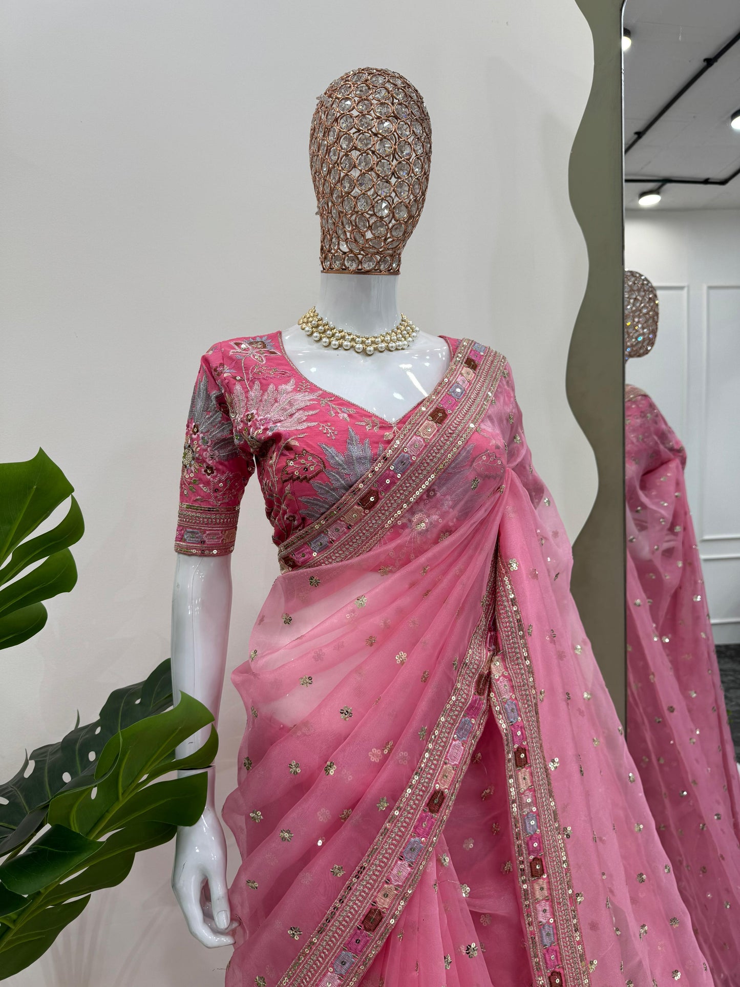 Pink Organza Silk Thread with Sequins Work Saree