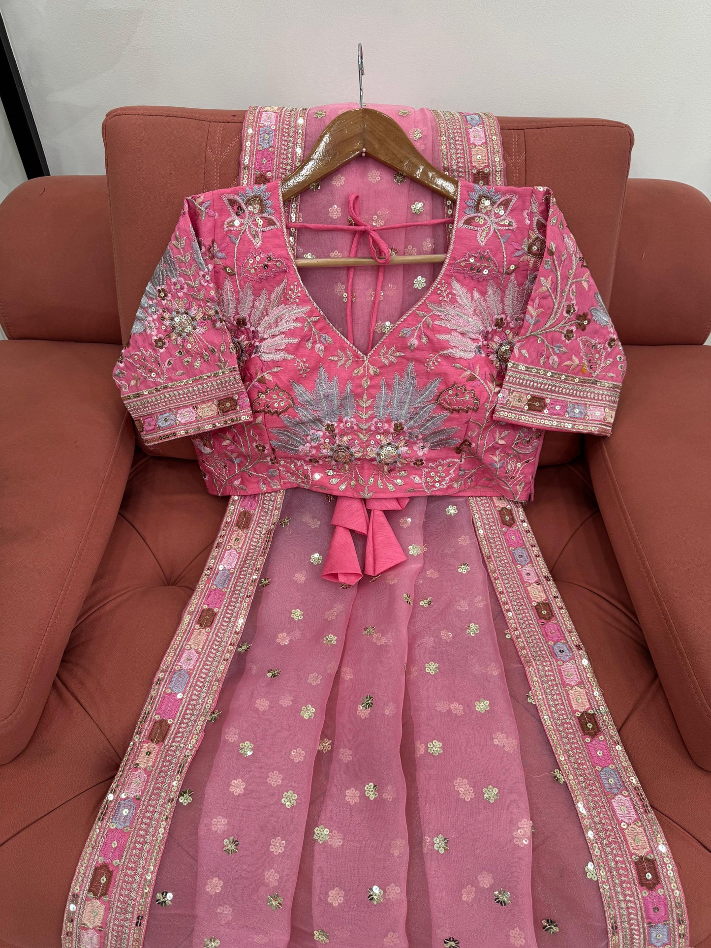 Pink Organza Silk Thread with Sequins Work Saree