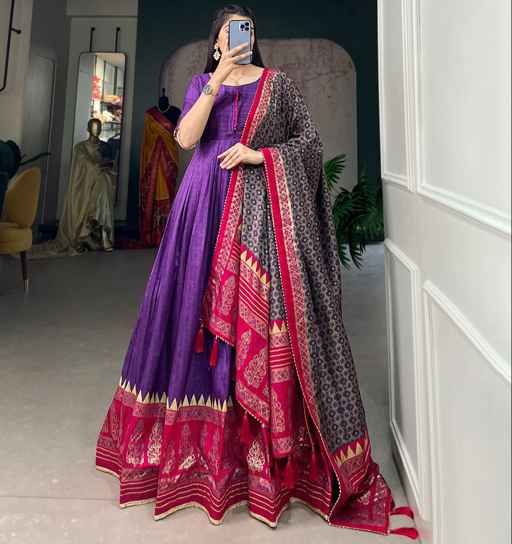 Purple Tussar Silk With Foil Print  Gown With Dupatta