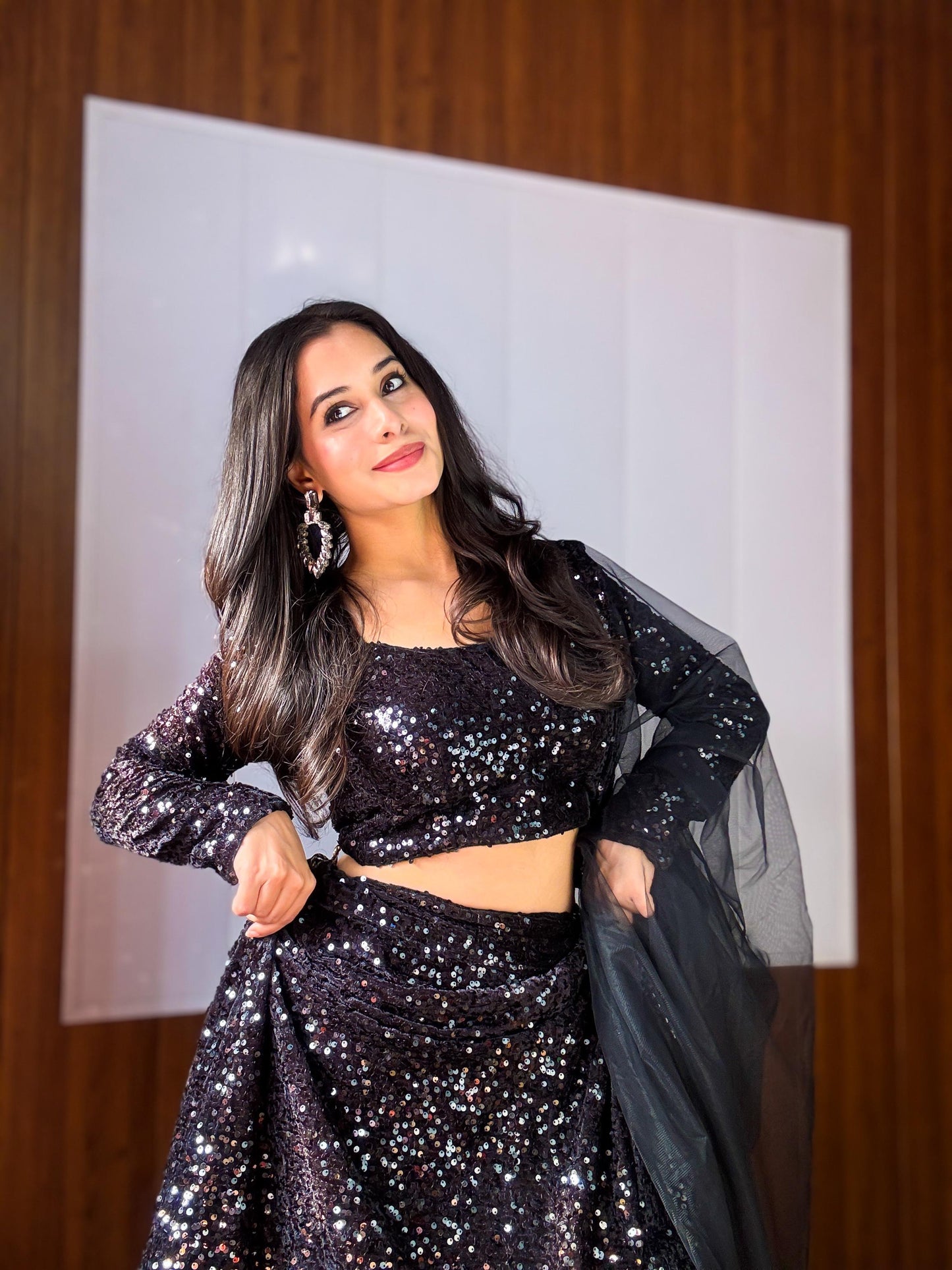Black Velvet Heavy Sequence Embroidery Lehenga