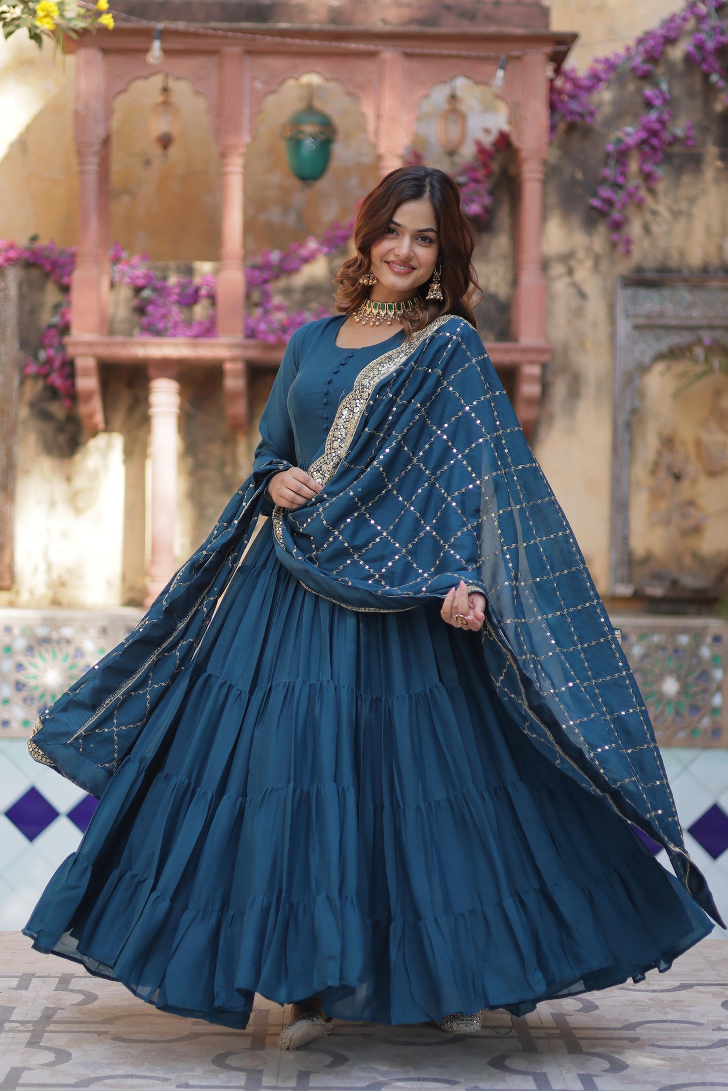 Beautiful Star Georgette Gown With Sequins Embroidered Dupatta