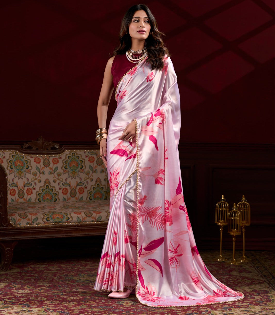 Light Pink Satin Silk With Floral Print Saree