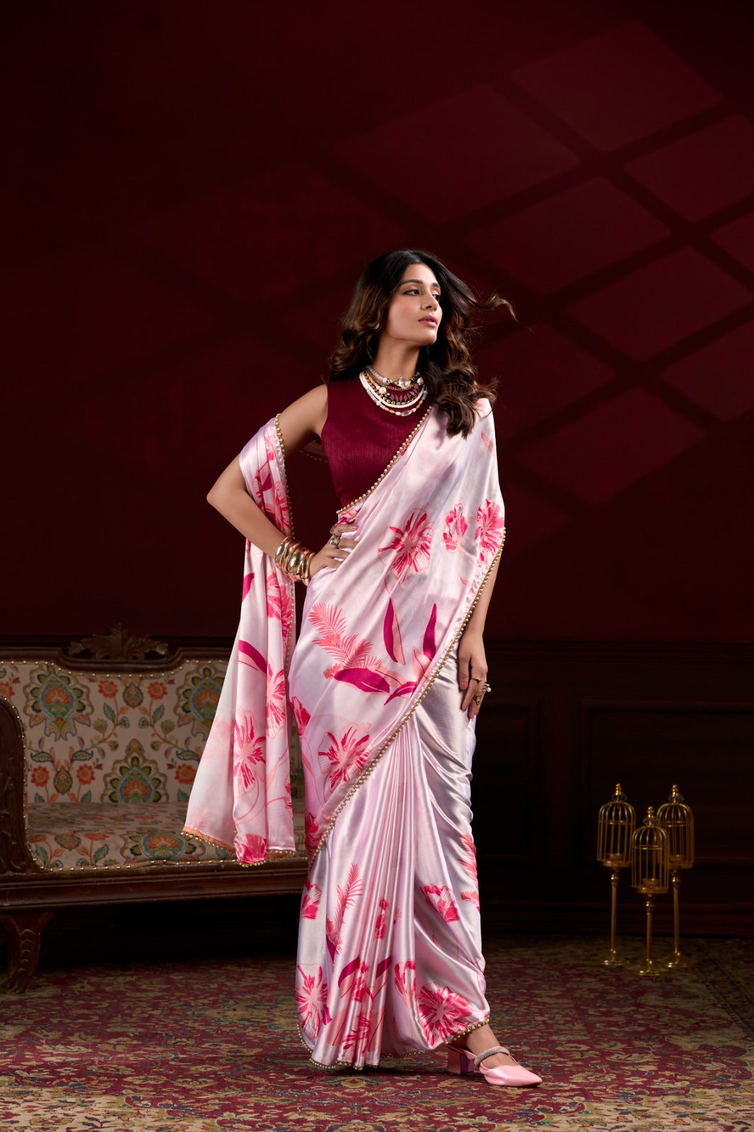 Light Pink Satin Silk With Floral Print Saree
