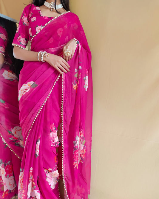 Pink Georgette With Pearl Lace Border Floral Print Saree