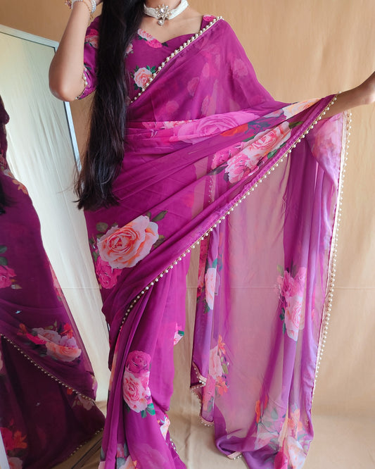 Purple Georgette With Pearl Lace Border Floral Print Saree