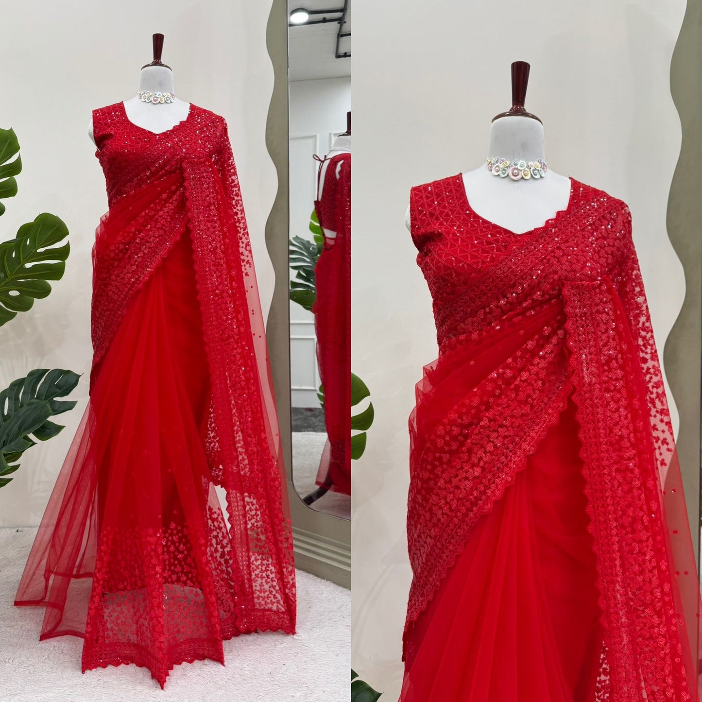 Red Soft Net With Sequence Work Saree