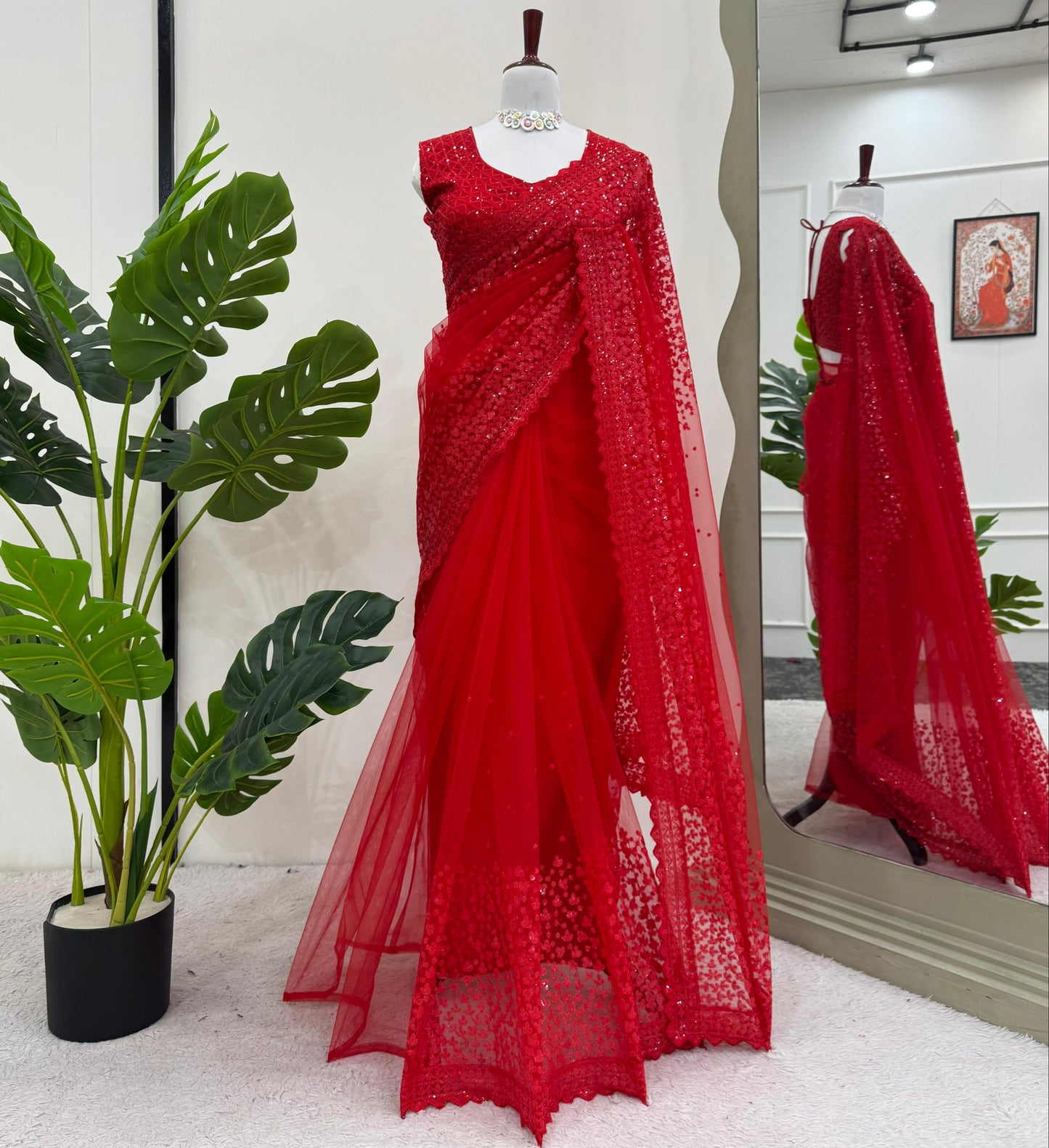 Red Soft Net With Sequence Work Saree