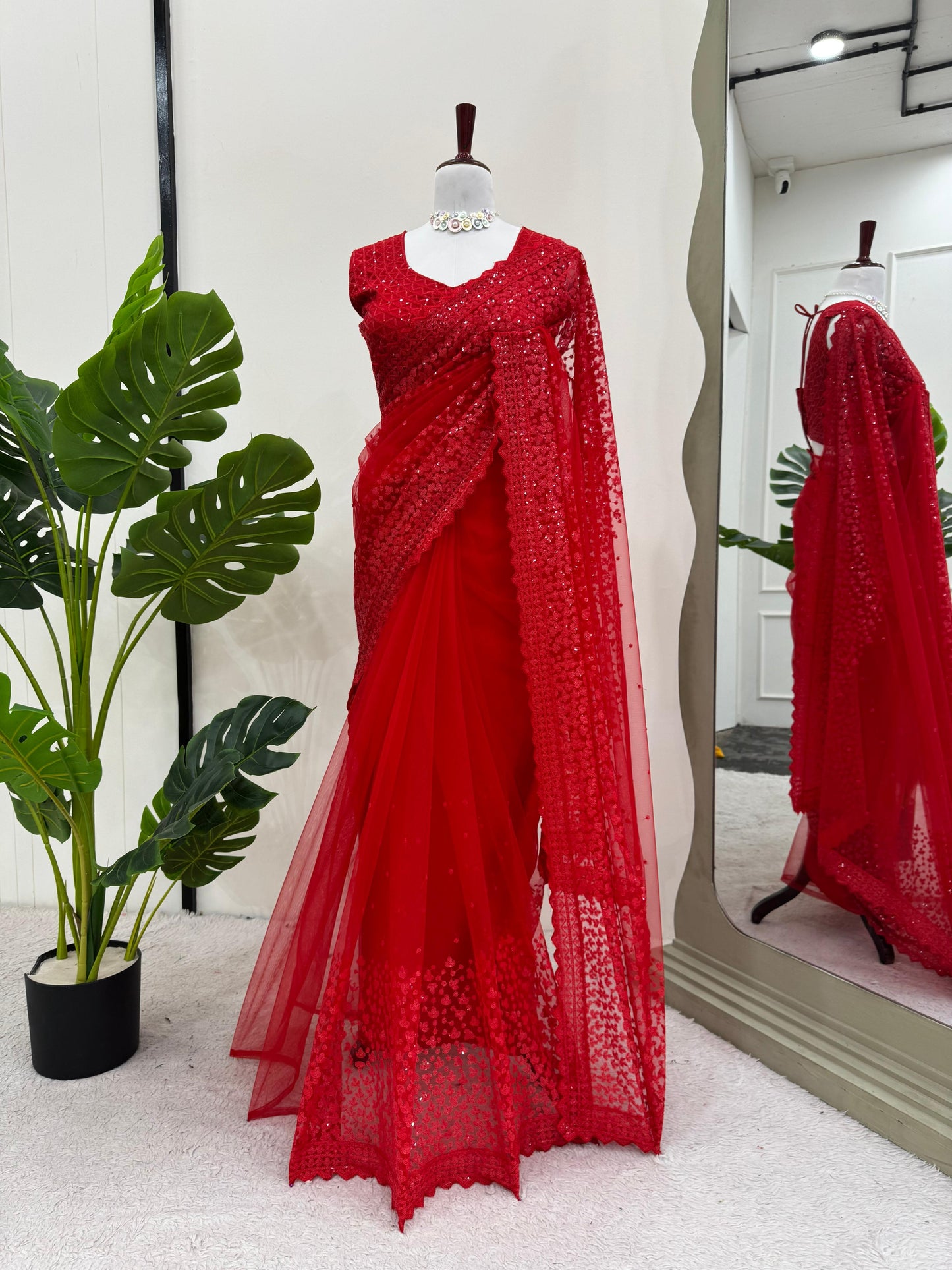 Red Soft Net With Sequence Work Saree