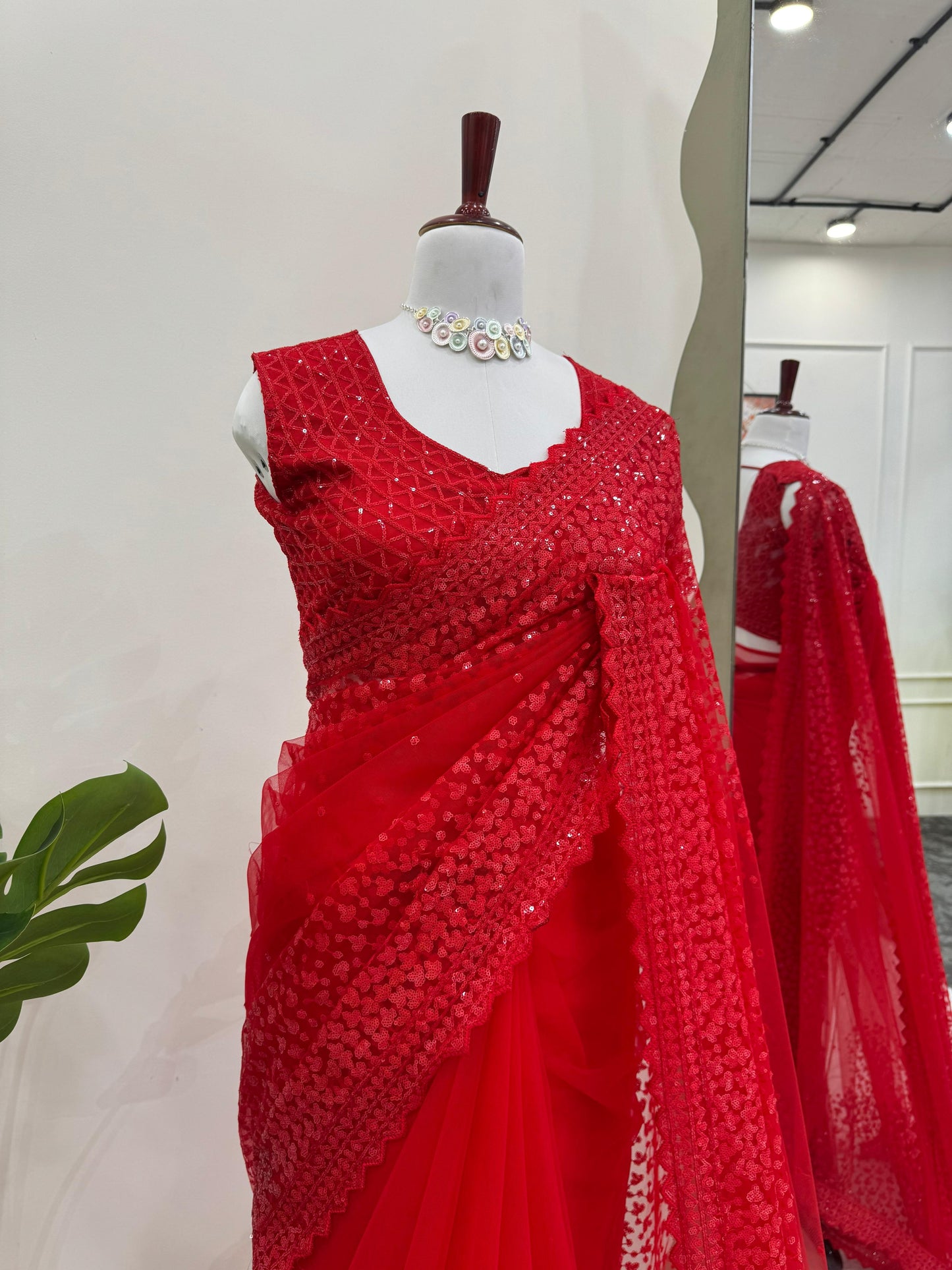 Red Soft Net With Sequence Work Saree