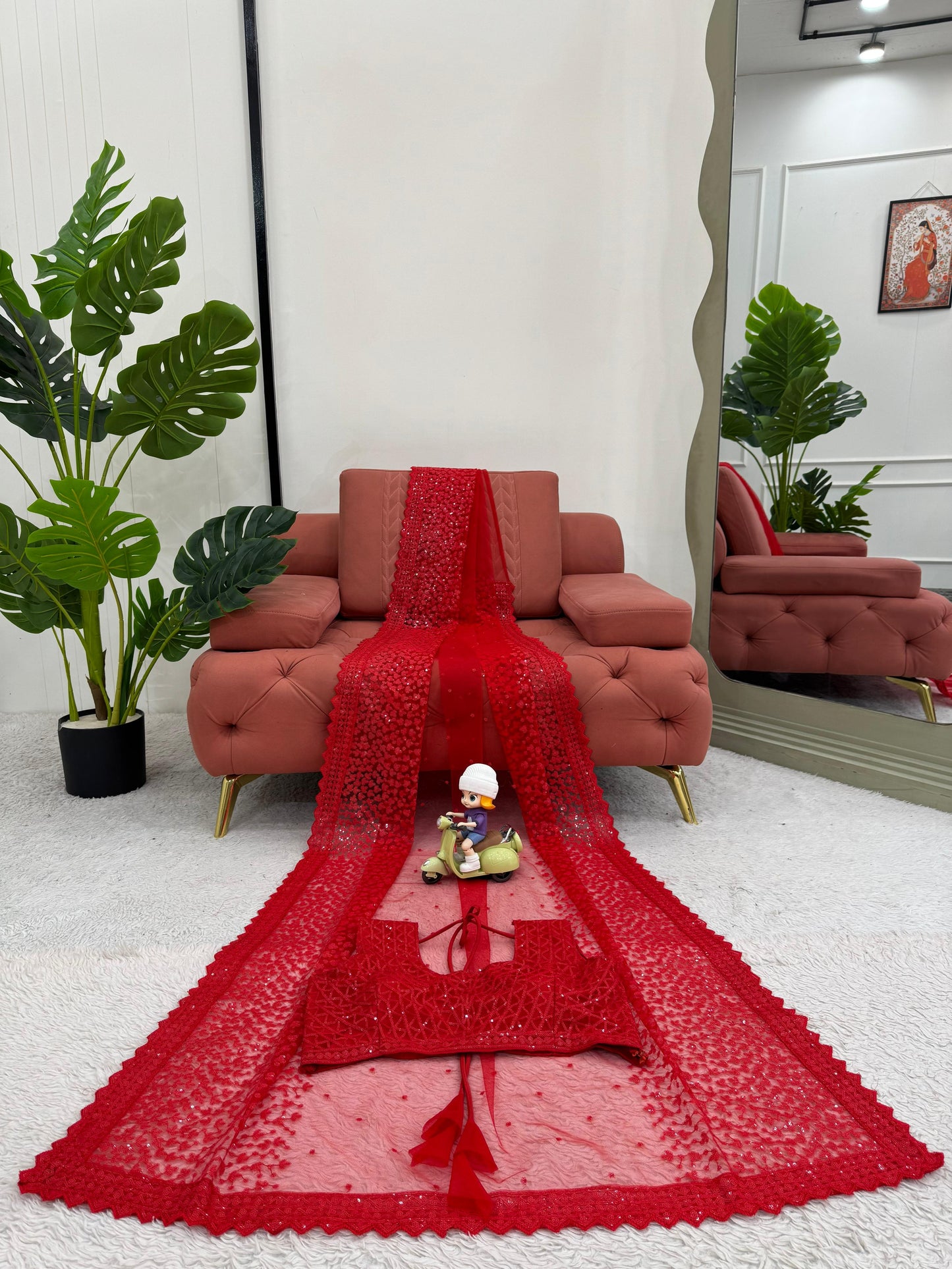 Red Soft Net With Sequence Work Saree