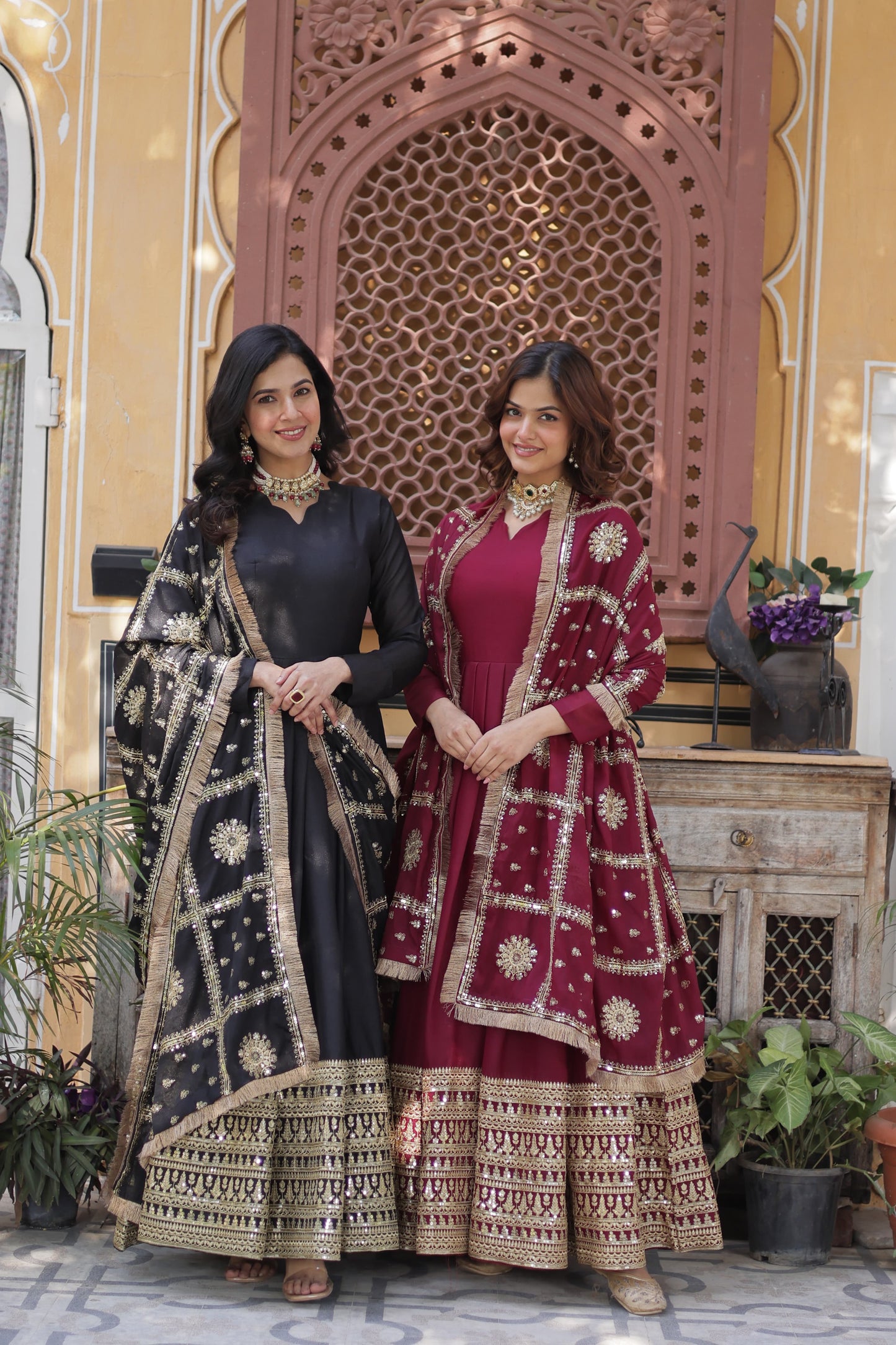 Black Star Georgette Zari and Sequins Work Gown With Embroidered Dupatta