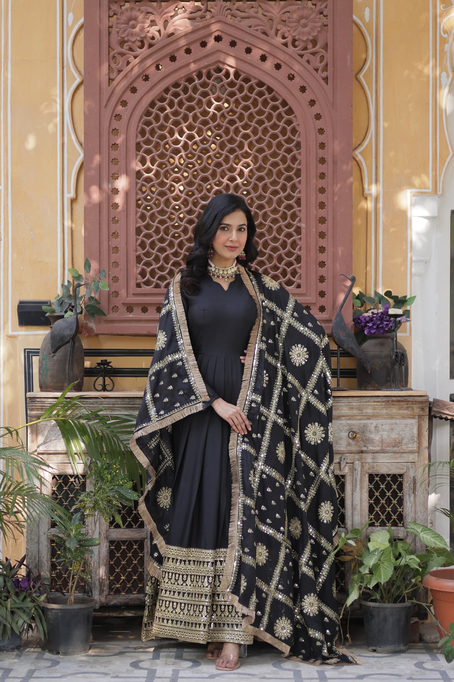 Black Star Georgette Zari and Sequins Work Gown With Embroidered Dupatta
