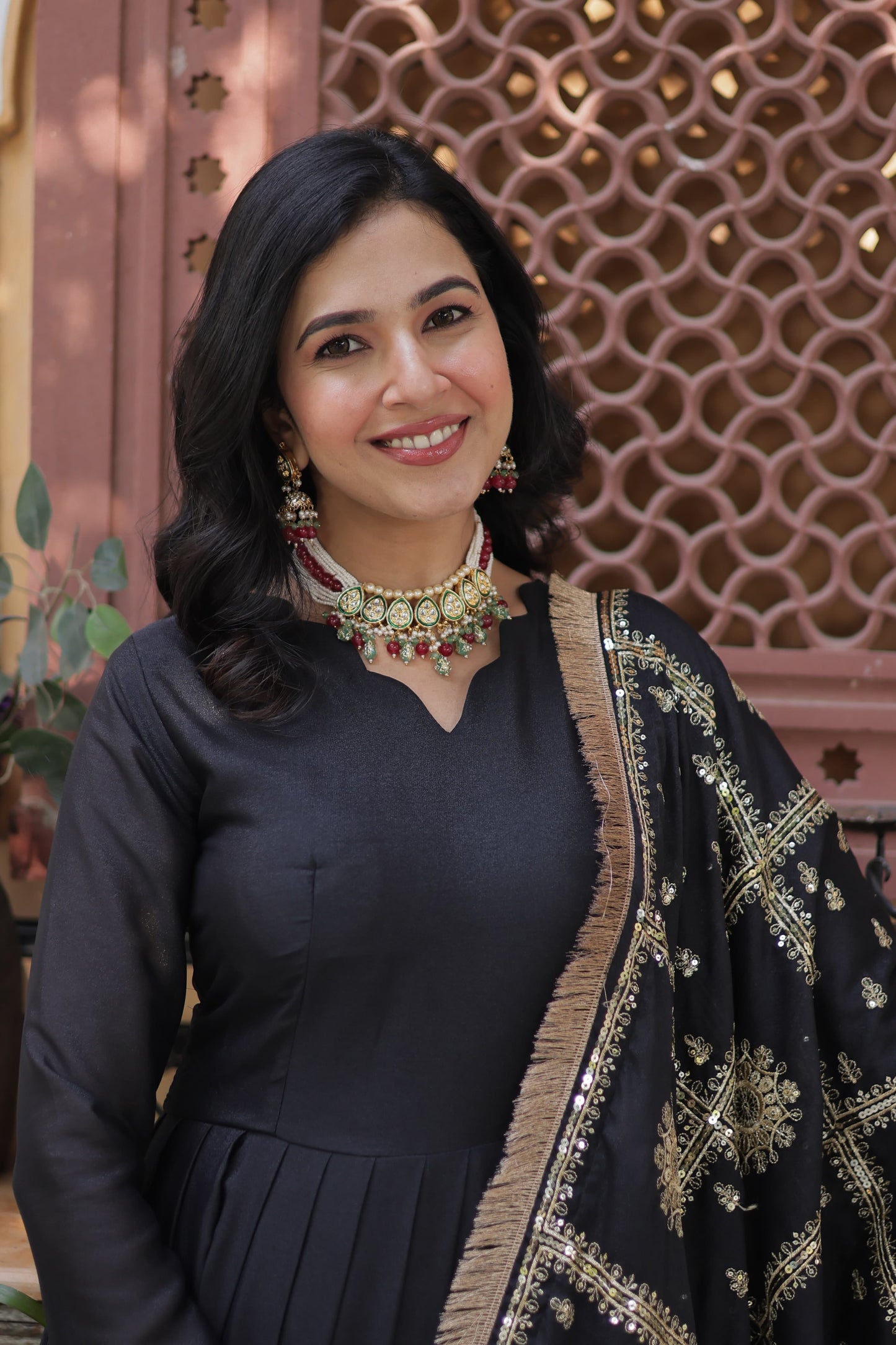 Black Star Georgette Zari and Sequins Work Gown With Embroidered Dupatta