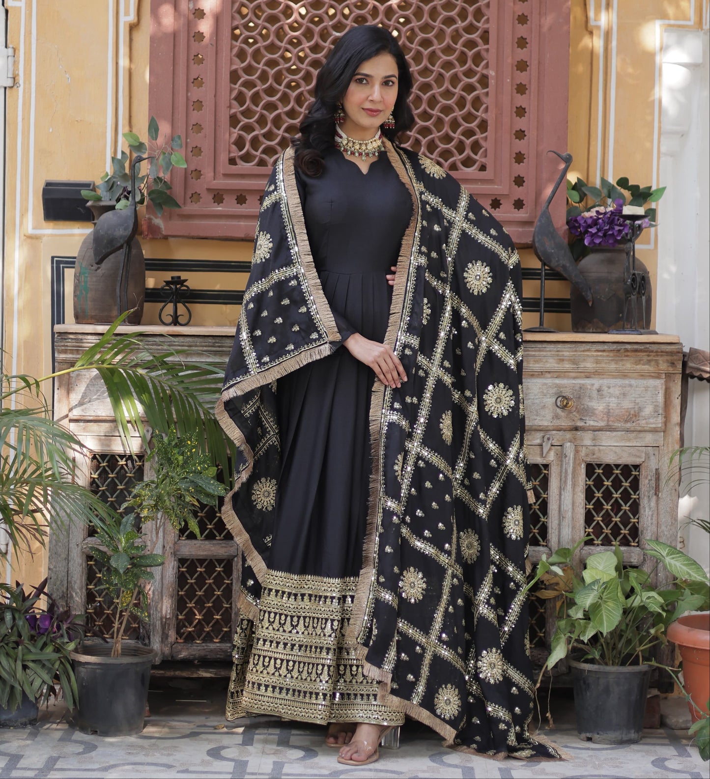 Black Star Georgette Zari and Sequins Work Gown With Embroidered Dupatta