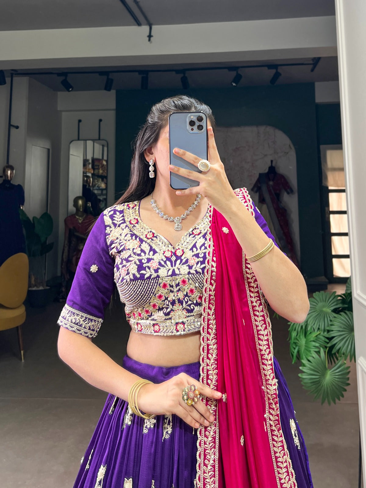 Purple Vichitra Silk Sequins Thread Embroidery Work Lehenga
