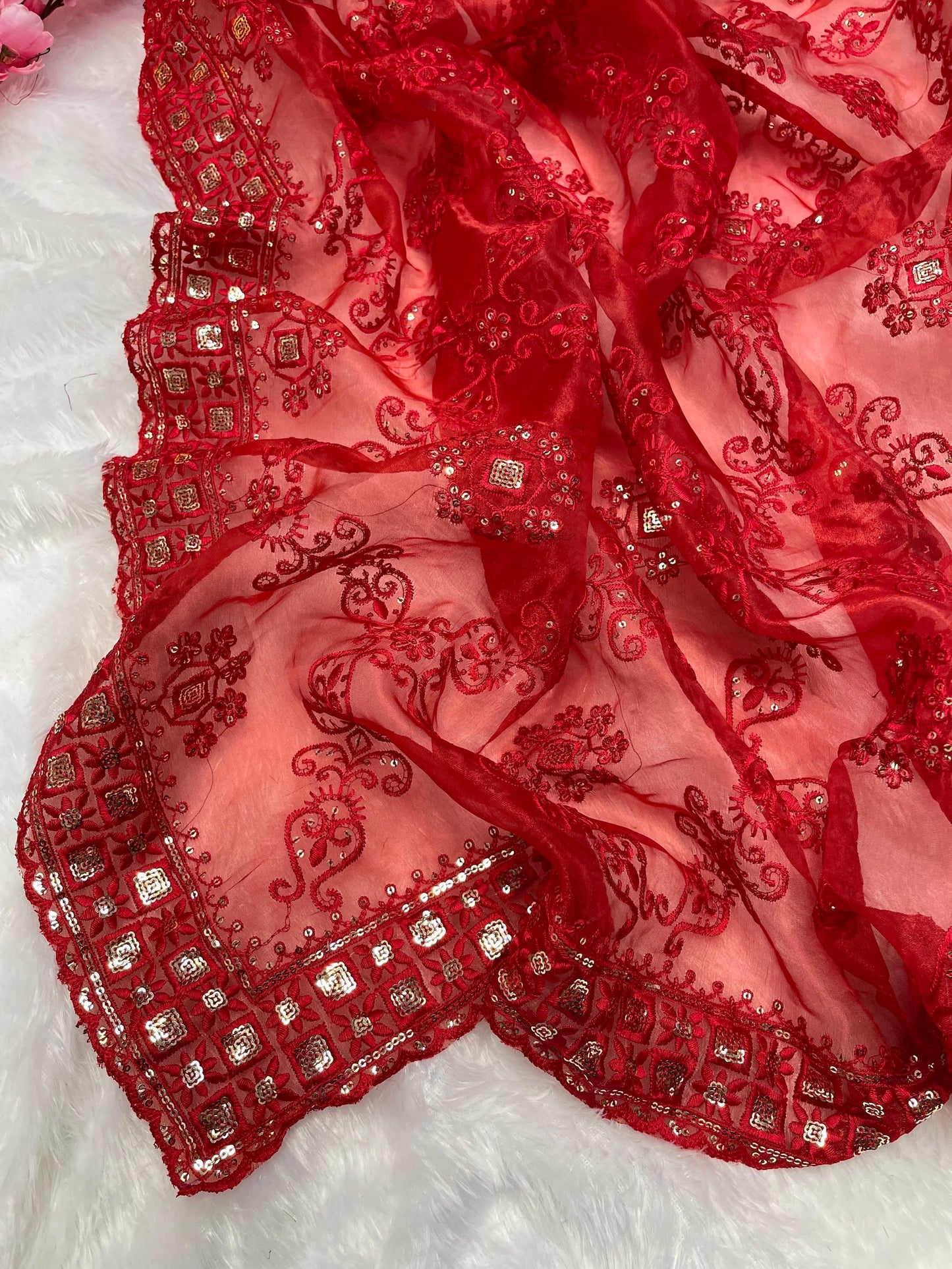 Red Soft Organza Silk With Embroidery Jhal work  Saree