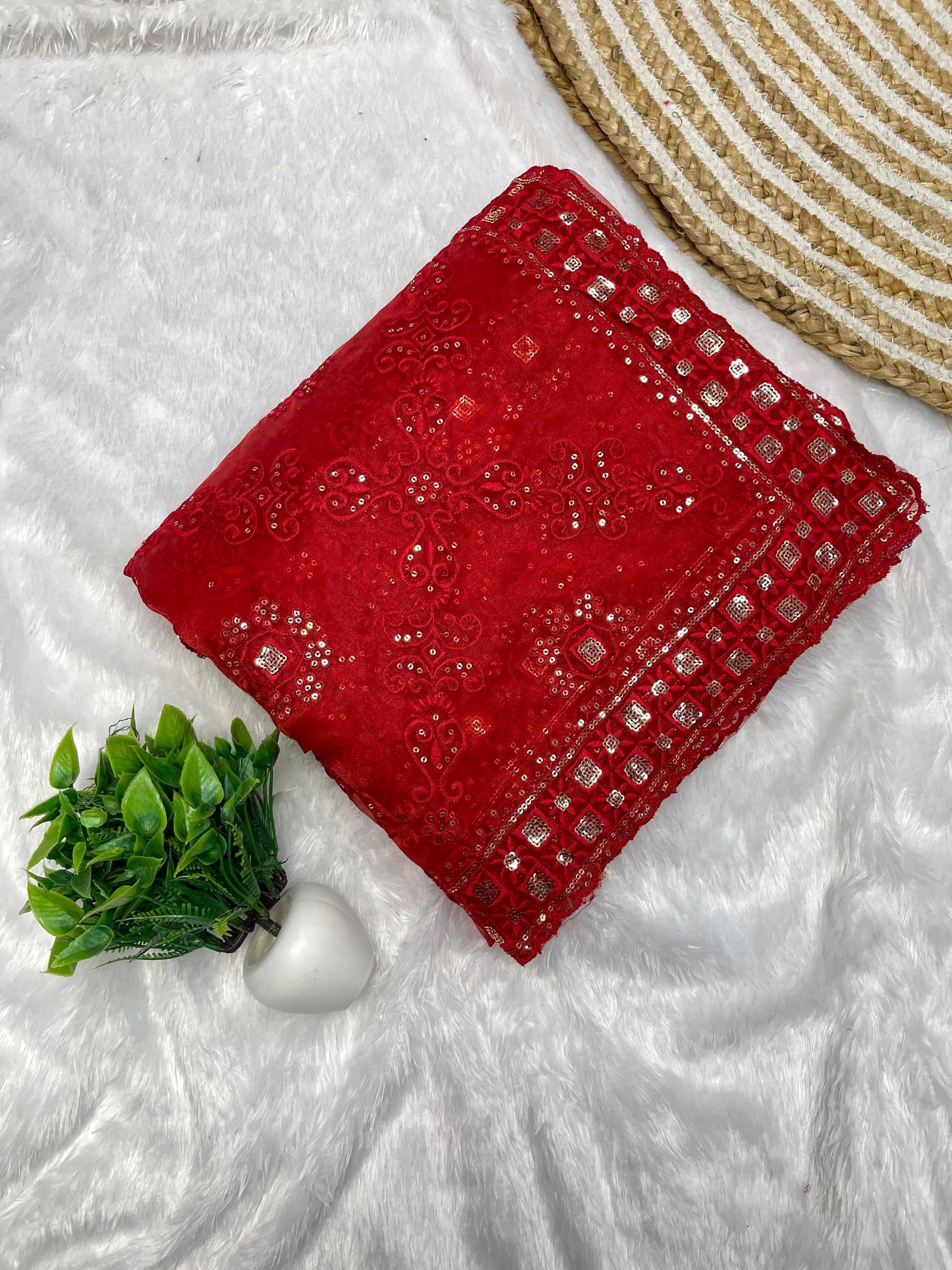 Red Soft Organza Silk With Embroidery Jhal work  Saree