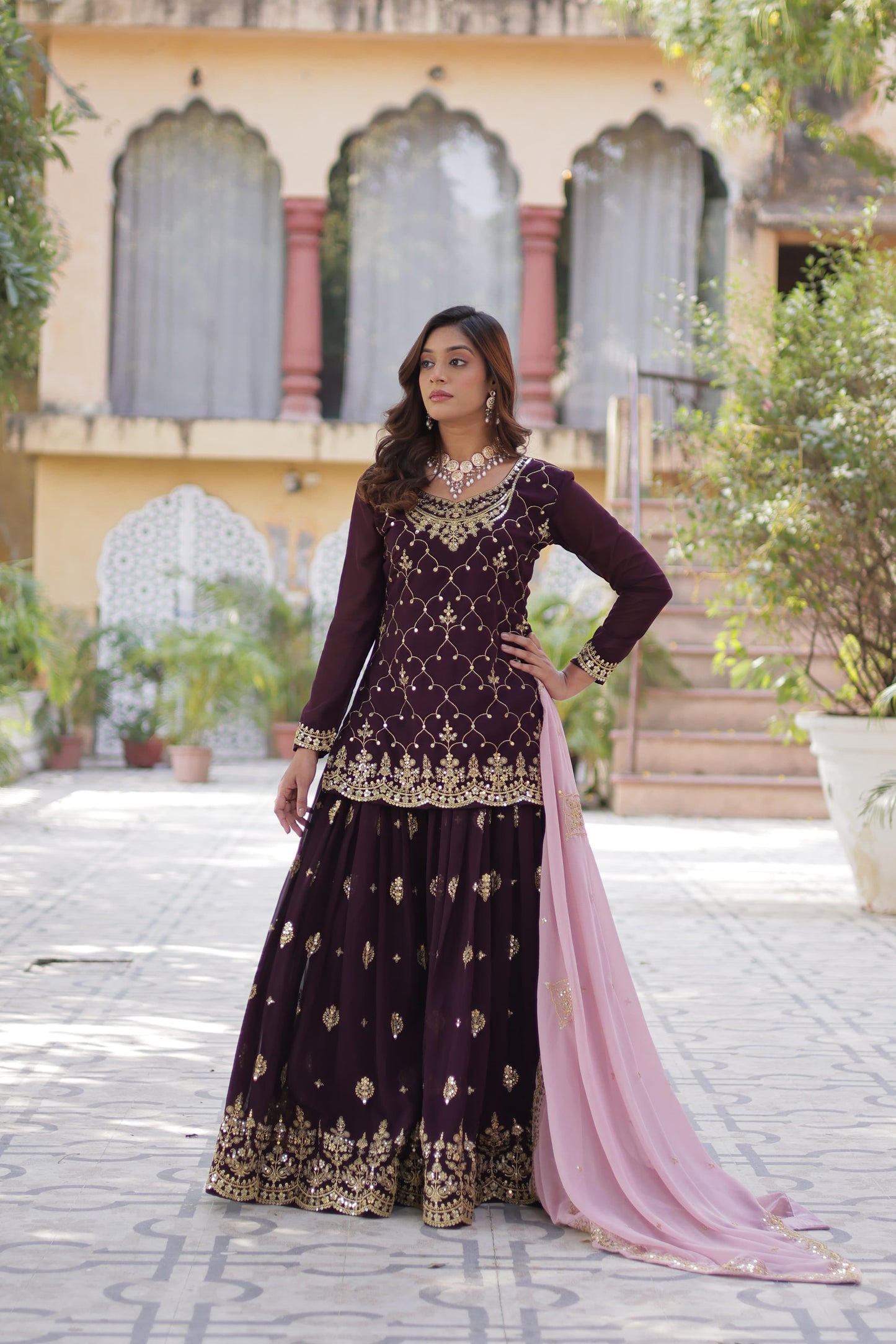 Navy Blue Faux Blooming With Embroidered Kurta Plazzo Set