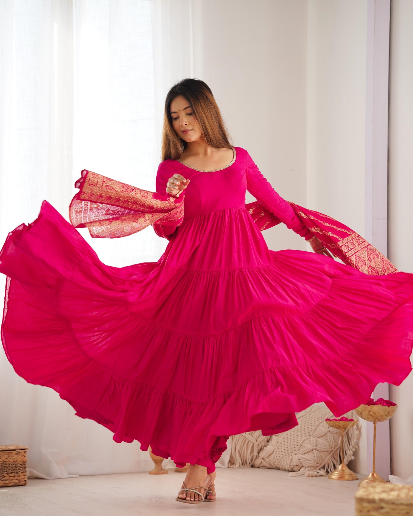 Pink Heavy Romansilk Chanderi With Yoke Lace 3pc Kurta Set