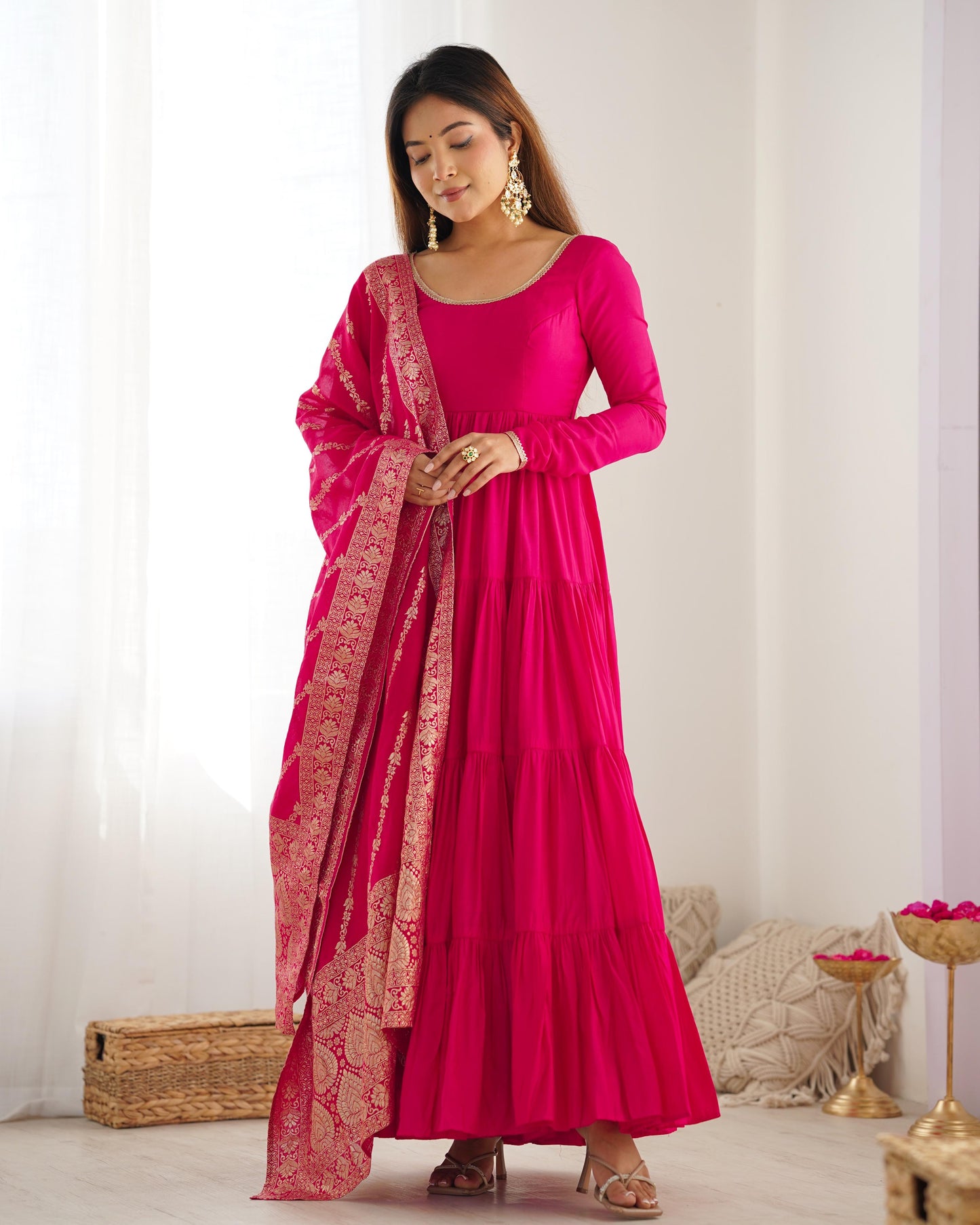 Pink Heavy Romansilk Chanderi With Yoke Lace 3pc Kurta Set