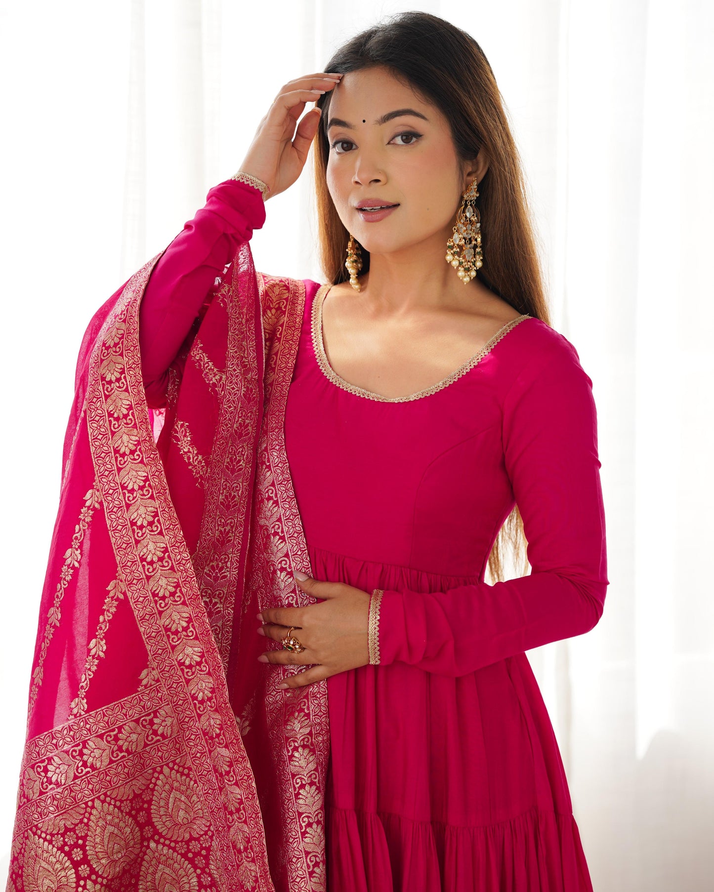 Pink Heavy Romansilk Chanderi With Yoke Lace 3pc Kurta Set