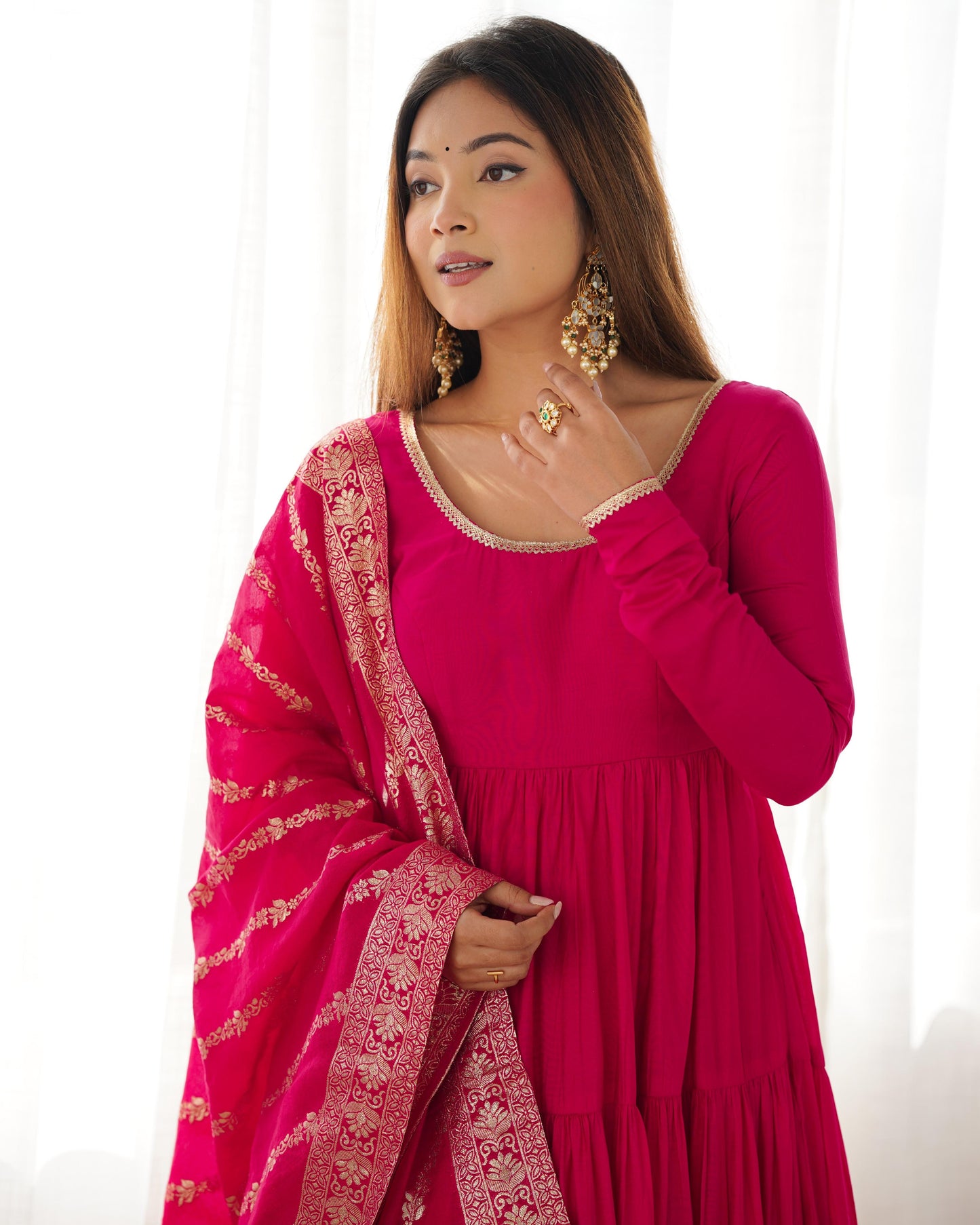 Pink Heavy Romansilk Chanderi With Yoke Lace 3pc Kurta Set