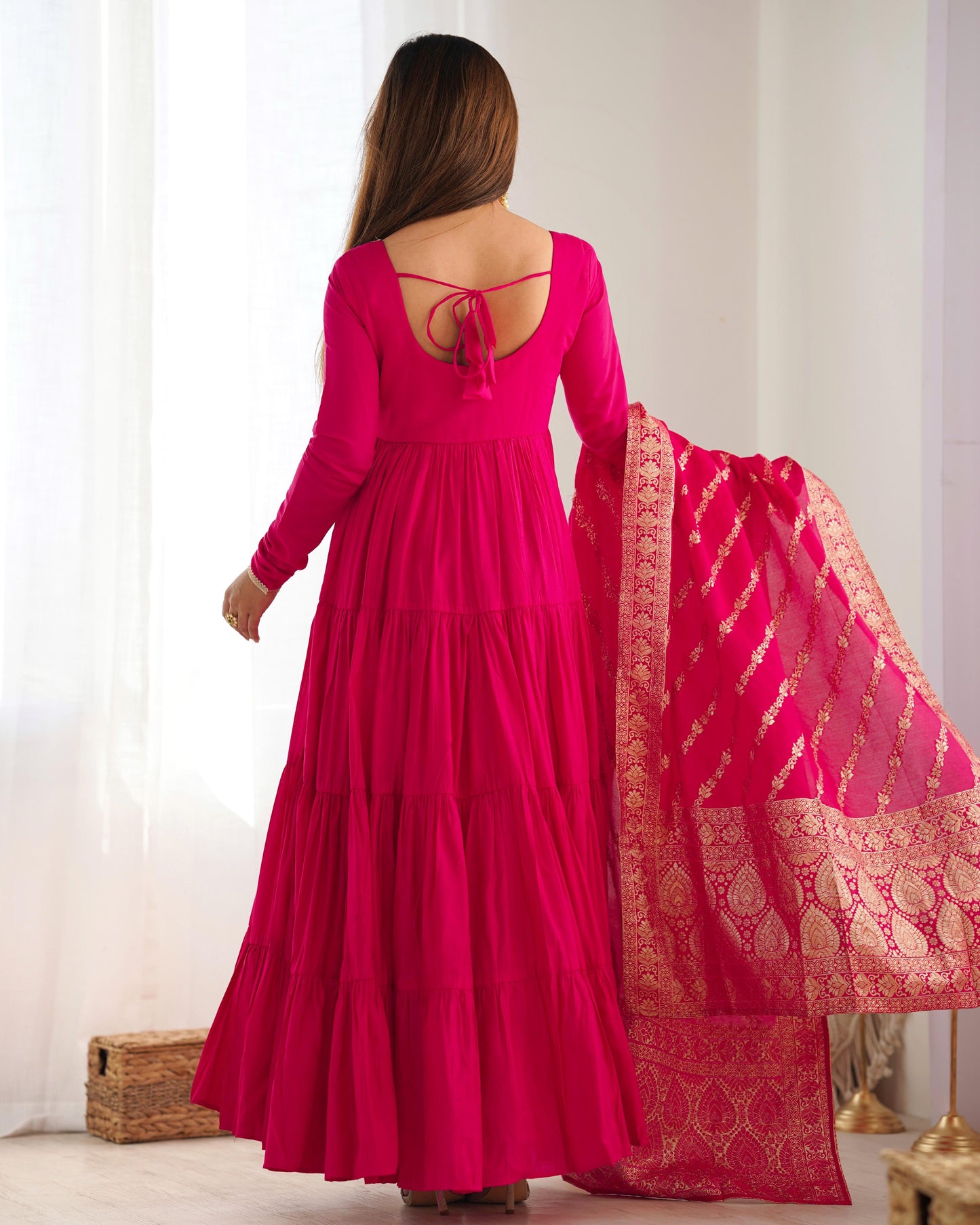Pink Heavy Romansilk Chanderi With Yoke Lace 3pc Kurta Set