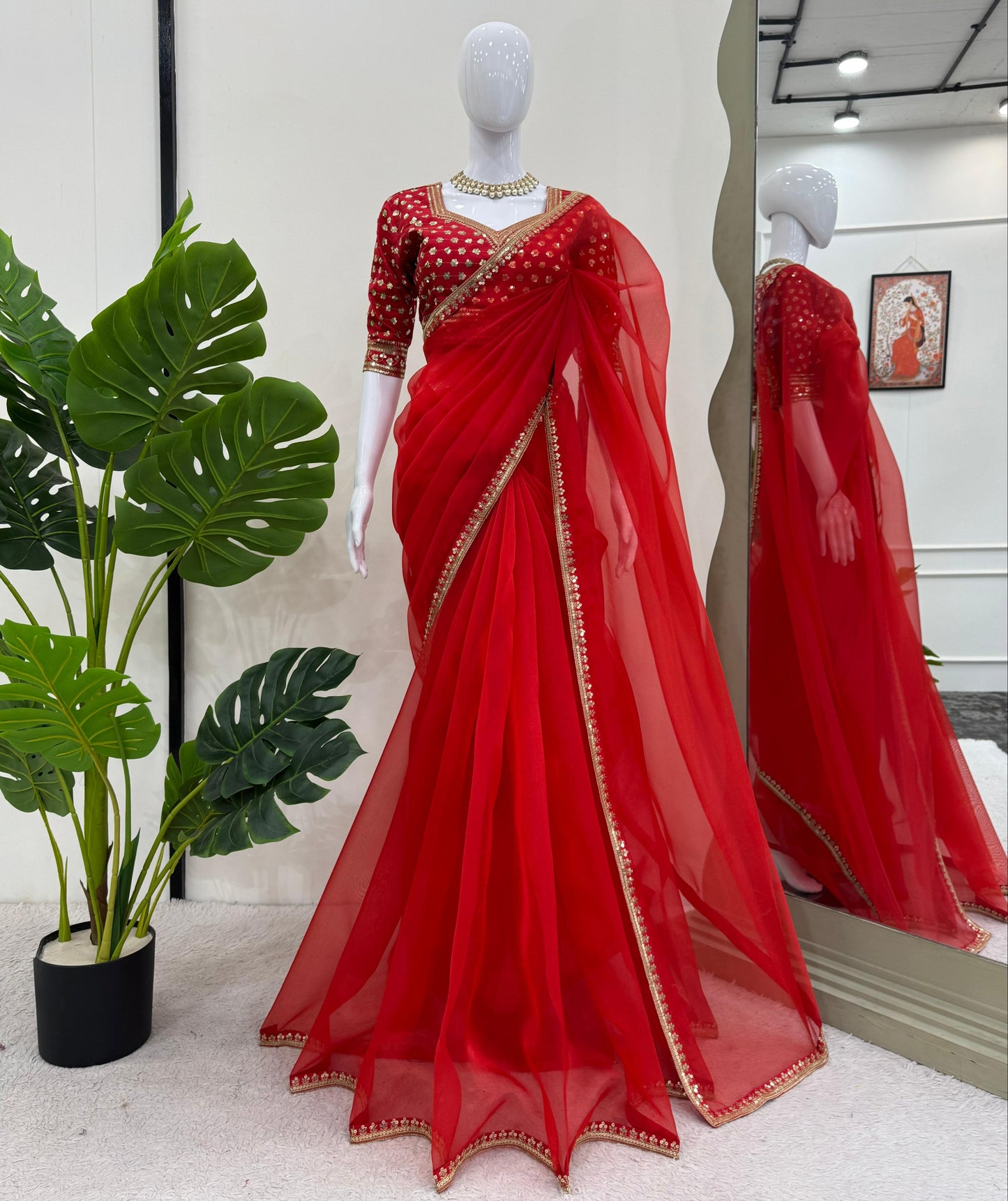 Red  Heavy Organza Silk With Thread Sequins Work Saree