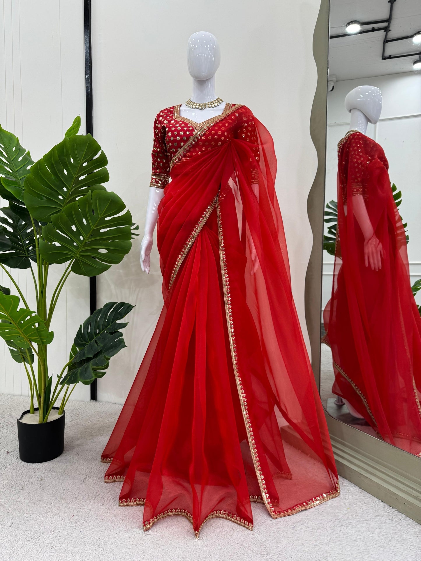 Red  Heavy Organza Silk With Thread Sequins Work Saree