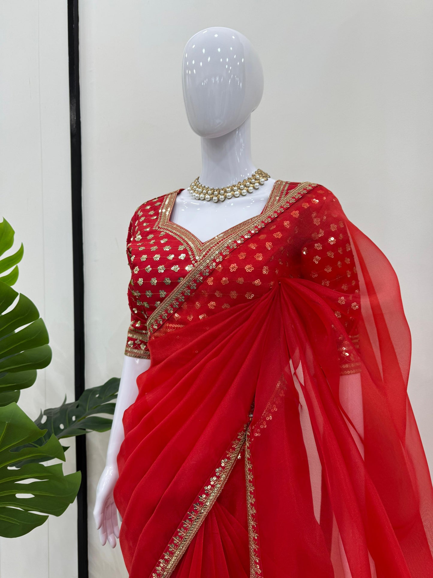 Red  Heavy Organza Silk With Thread Sequins Work Saree