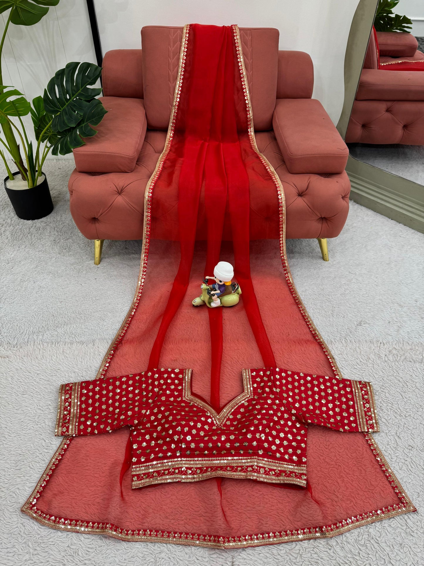 Red  Heavy Organza Silk With Thread Sequins Work Saree