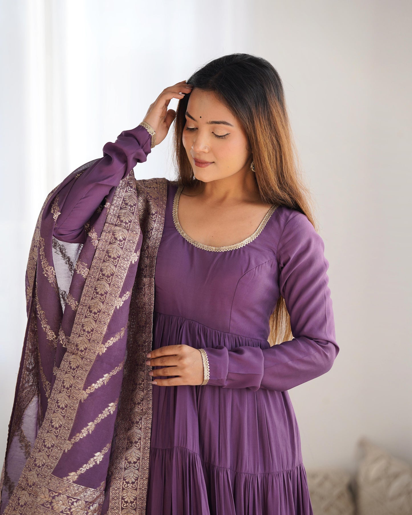 Mauve Purple Heavy Romansilk Chanderi With Yoke Lace 3pc Kurta Set
