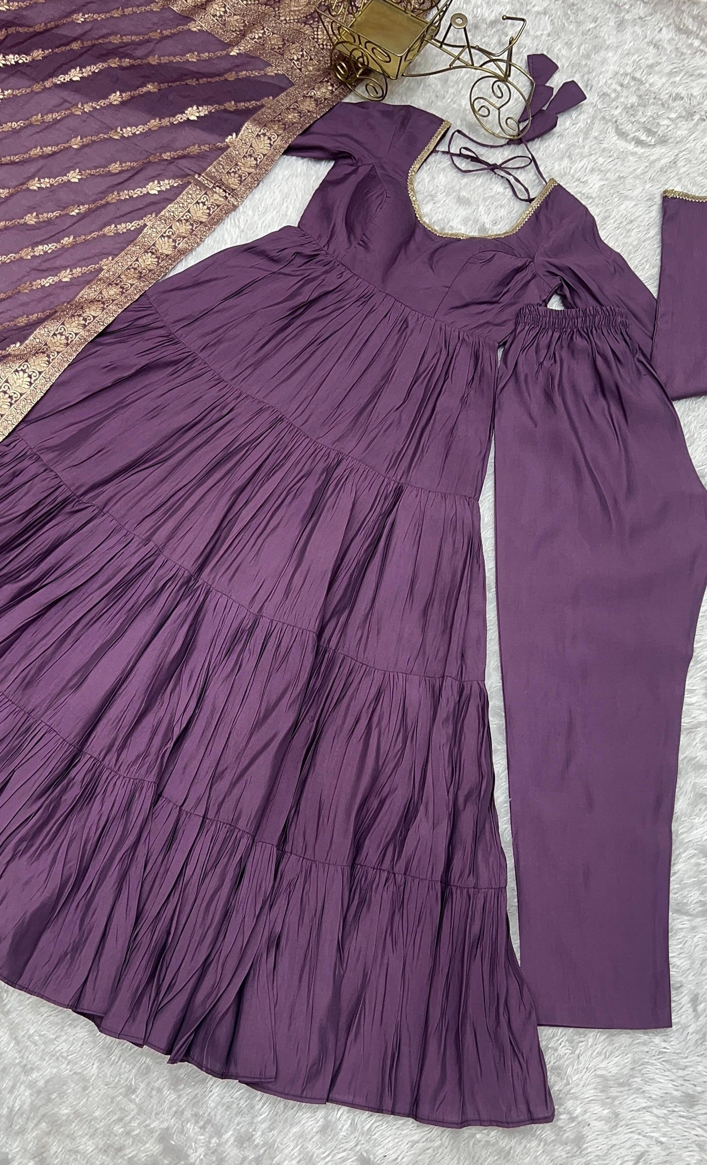 Mauve Purple Heavy Romansilk Chanderi With Yoke Lace 3pc Kurta Set