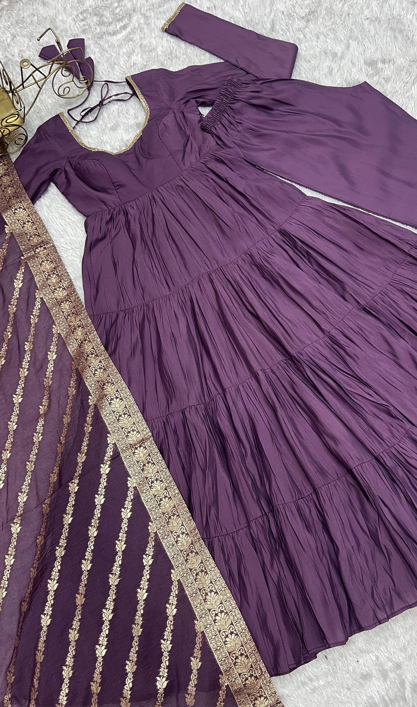 Mauve Purple Heavy Romansilk Chanderi With Yoke Lace 3pc Kurta Set