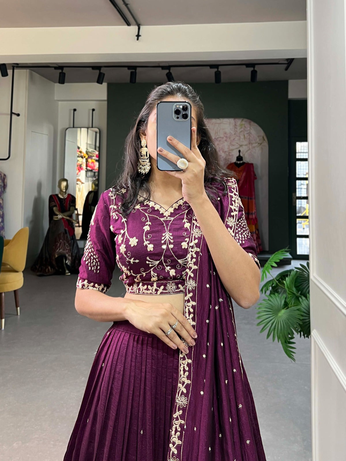 Wine Vichitra Silk With Sequins Embroidery Work Lehenga