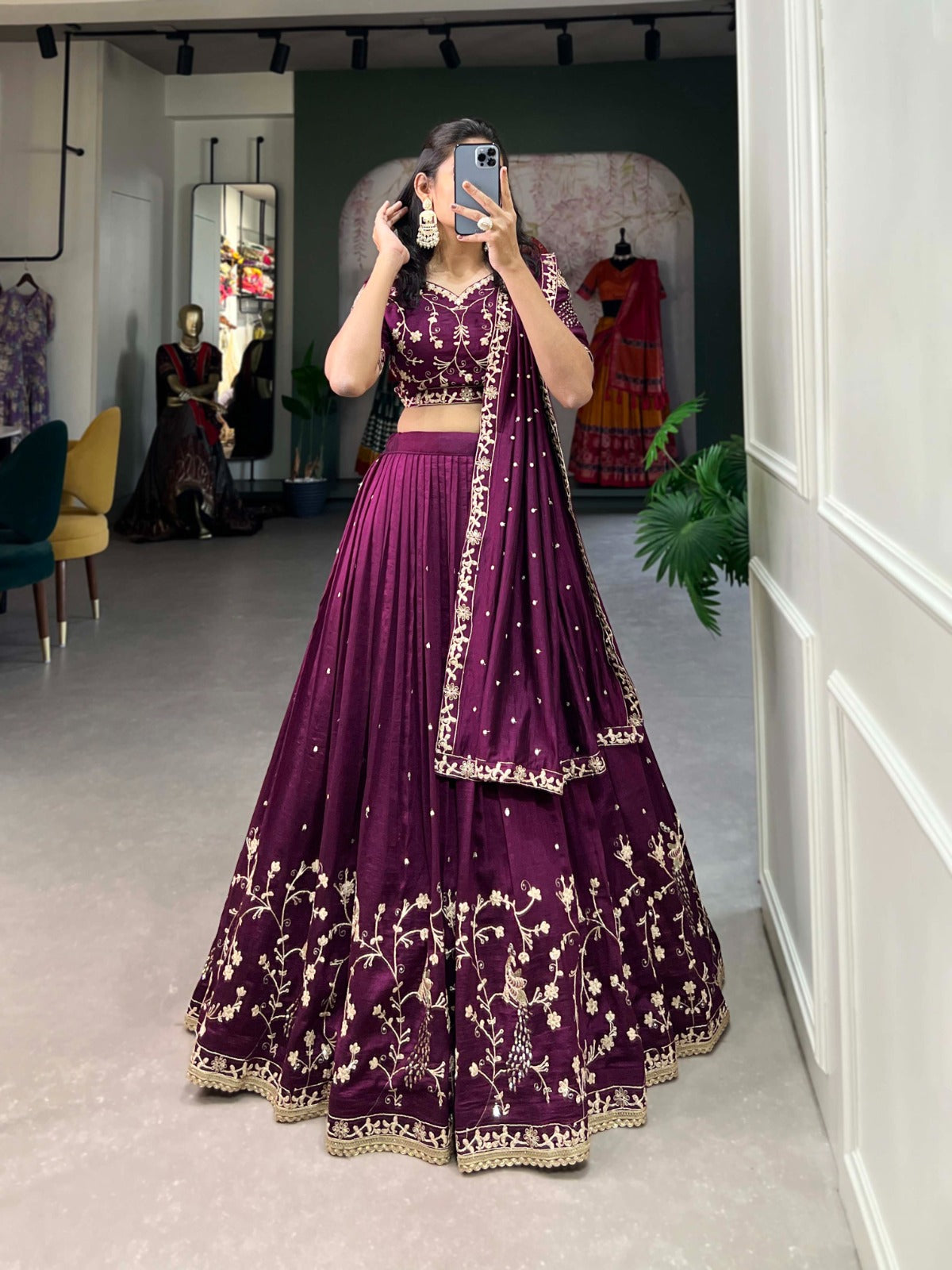Wine Vichitra Silk With Sequins Embroidery Work Lehenga