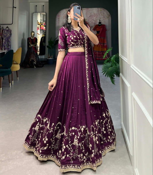 Wine Vichitra Silk With Sequins Embroidery Work Lehenga