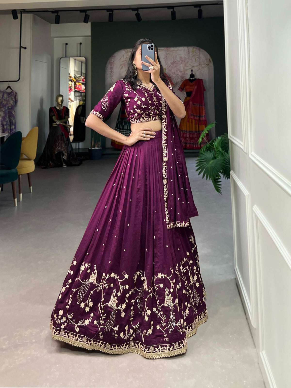 Wine Vichitra Silk With Sequins Embroidery Work Lehenga