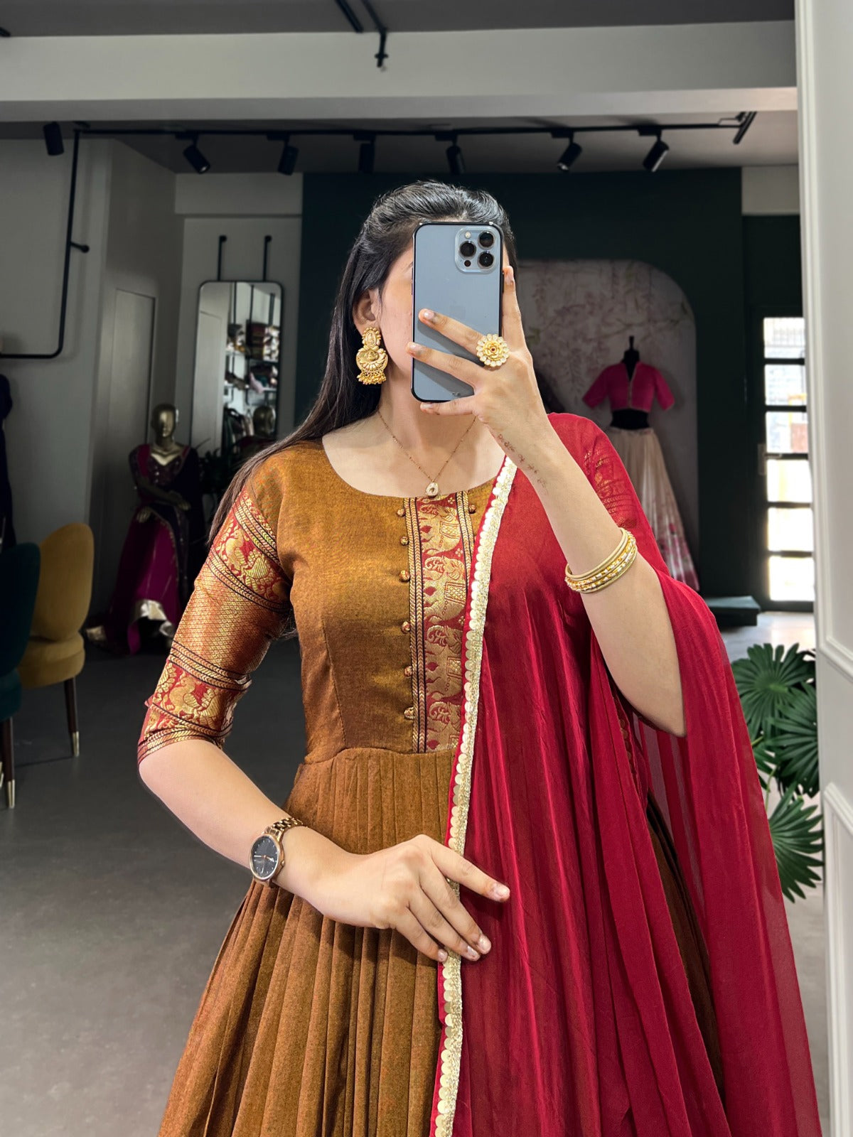 Mustard Zari Weaving Work Gown With Net Dupatta