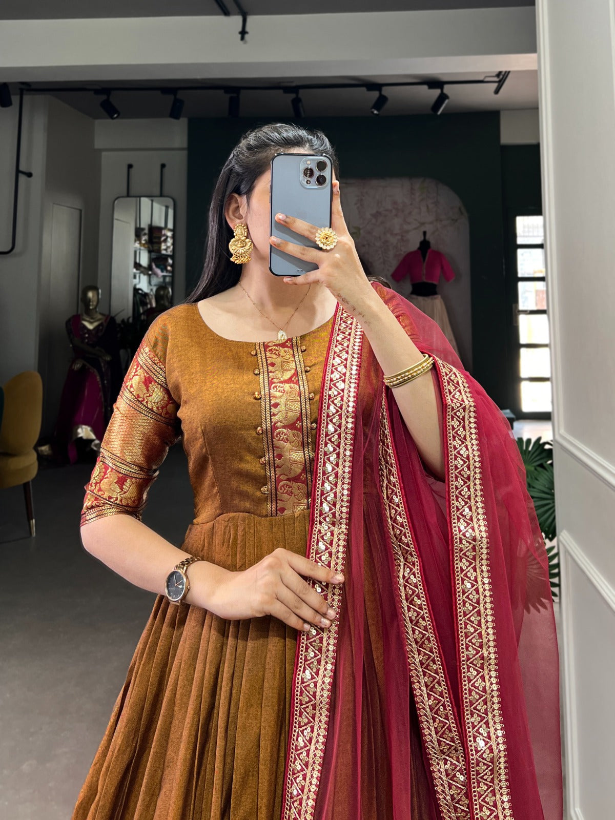 Mustard Zari Weaving Work Gown With Net Dupatta