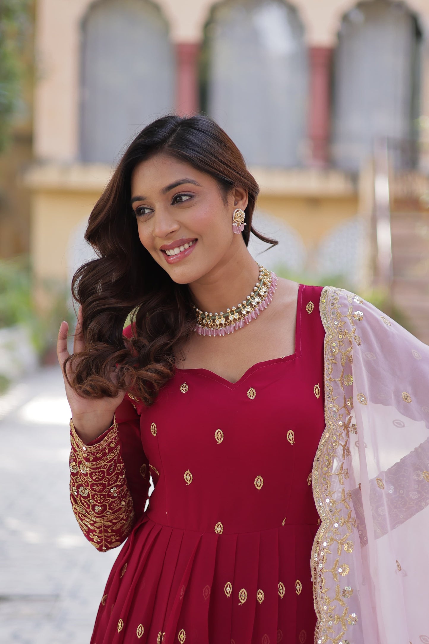 Cheery Red Faux Blooming With Embroidery Zari Sequins Work Gown With Dupatta