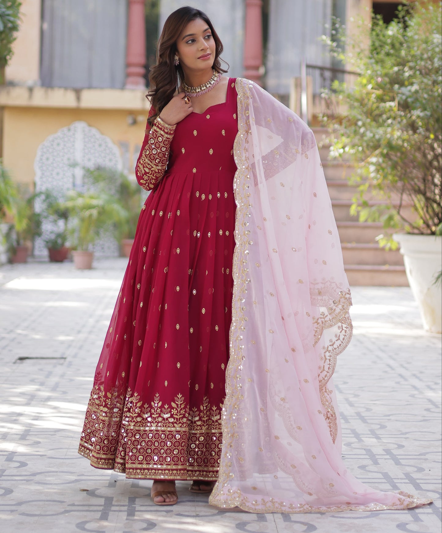 Cheery Red Faux Blooming With Embroidery Zari Sequins Work Gown With Dupatta