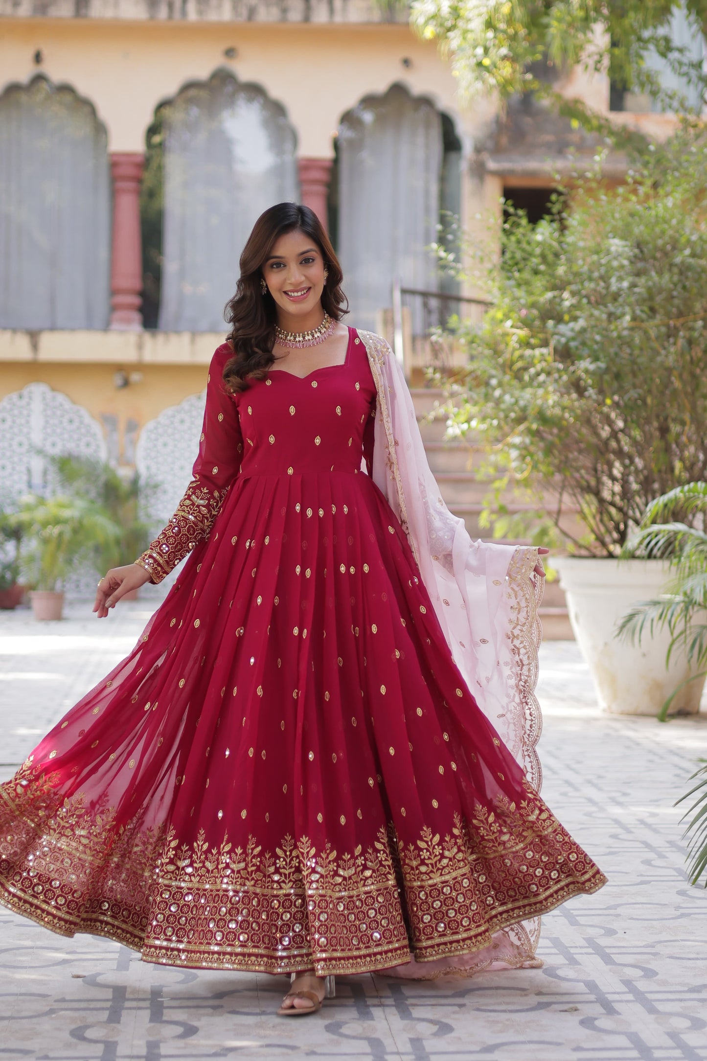 Cheery Red Faux Blooming With Embroidery Zari Sequins Work Gown With Dupatta