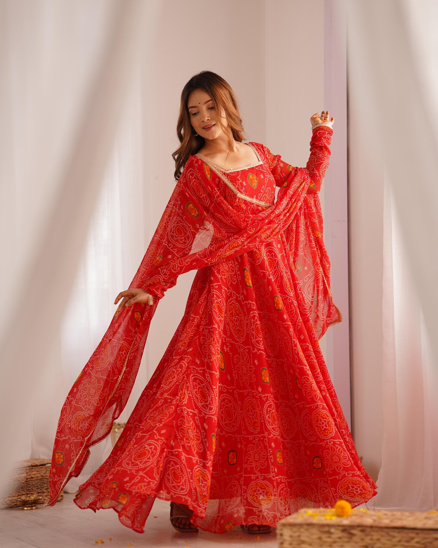 Red Lightweight Chiffon Bandhej 3pc Kurta Set