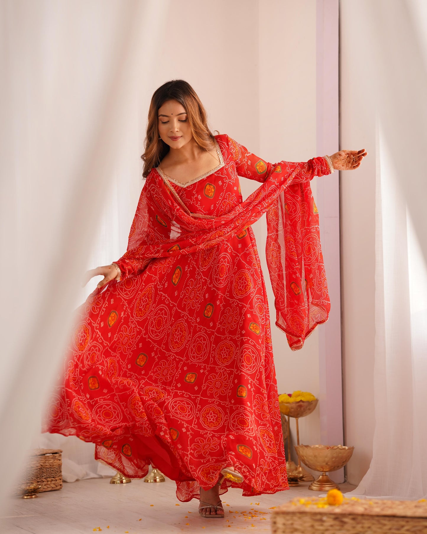 Red Lightweight Chiffon Bandhej 3pc Kurta Set