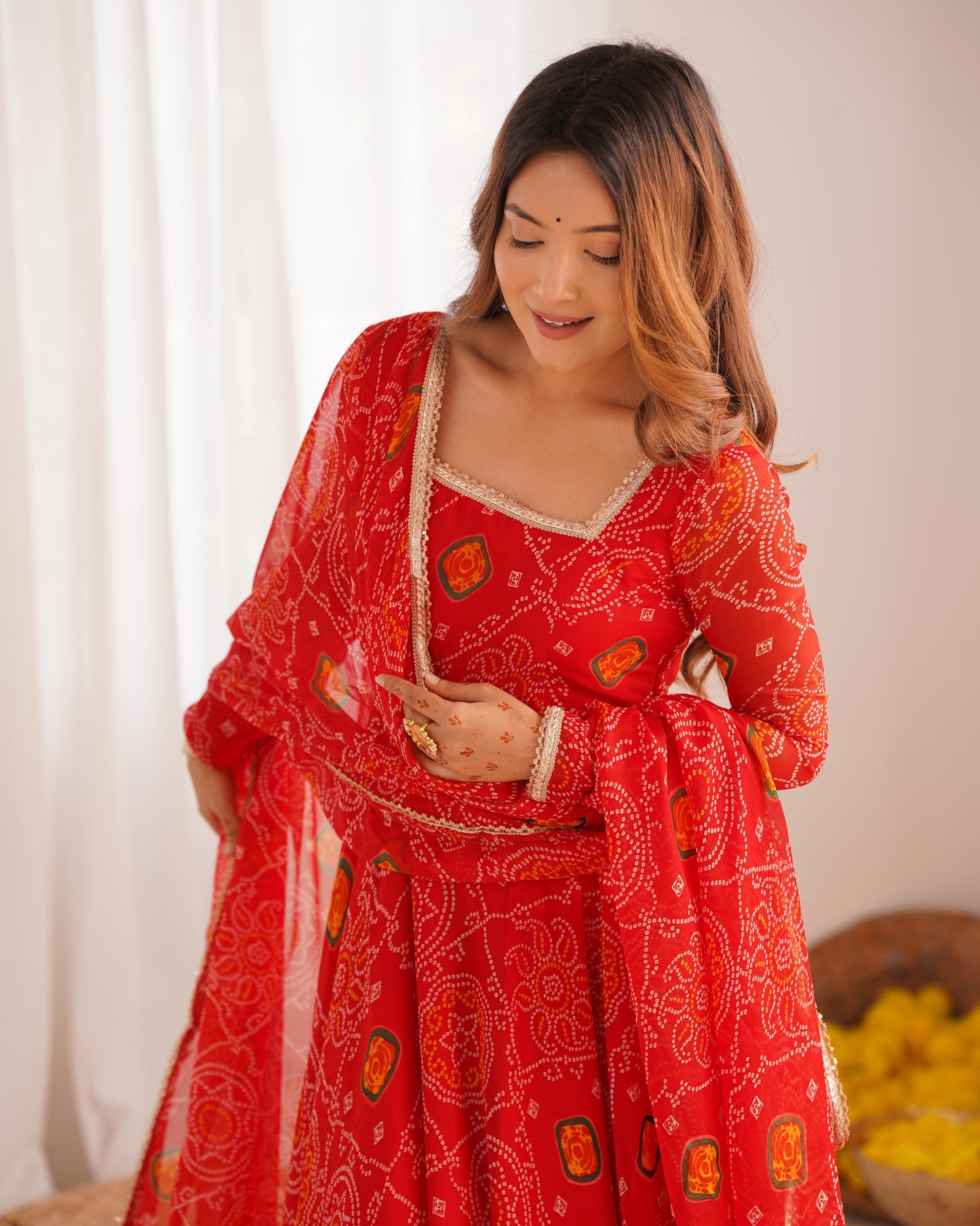 Red Lightweight Chiffon Bandhej 3pc Kurta Set