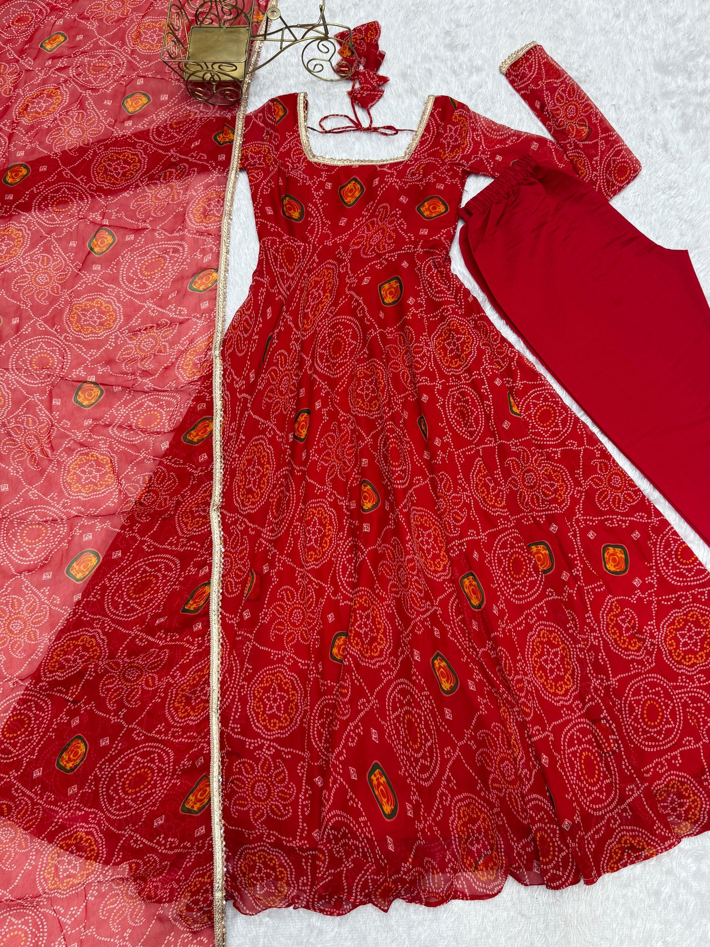 Red Lightweight Chiffon Bandhej 3pc Kurta Set