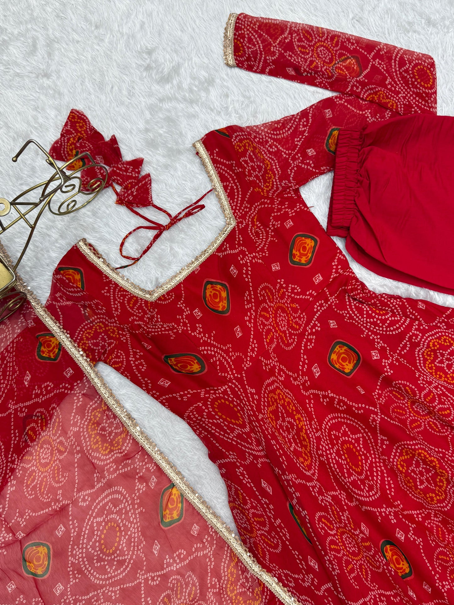 Red Lightweight Chiffon Bandhej 3pc Kurta Set